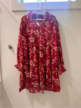 Red Floral Tiered Long-Sleeve Dress with Ruffle Neck